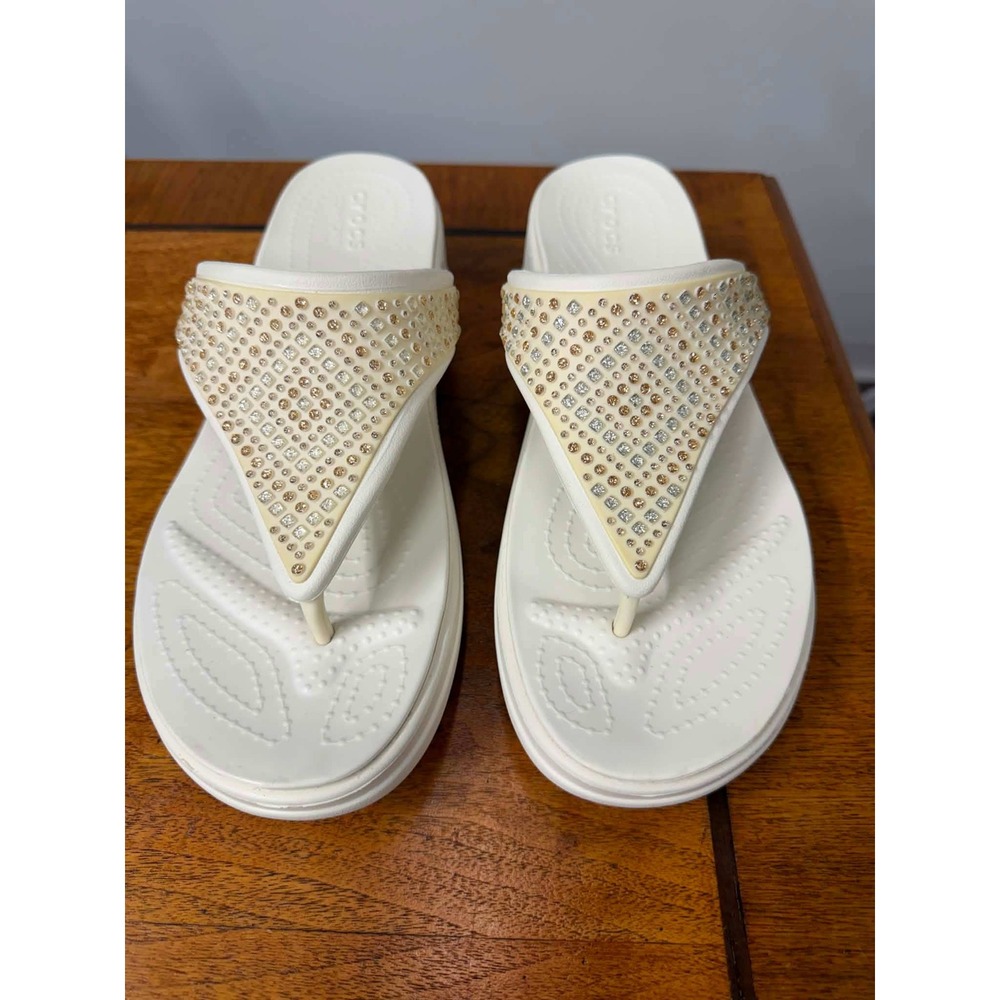 Crocs Monterey Shimmer Wedge Flip White Rhinestone Sandals Womens 11 206232-90H